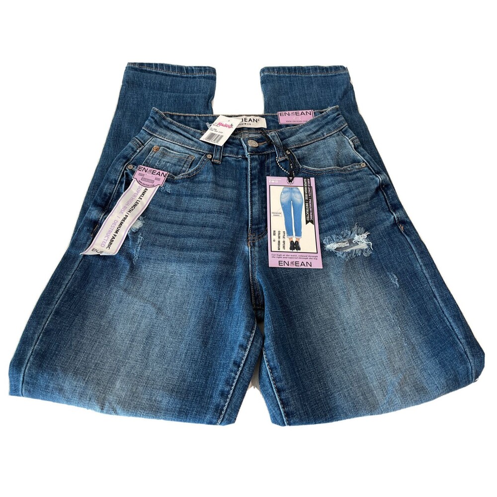 Enjean Jeans Torn Mom Cuff Size 0 Blue Ankle Length Super High Rise
